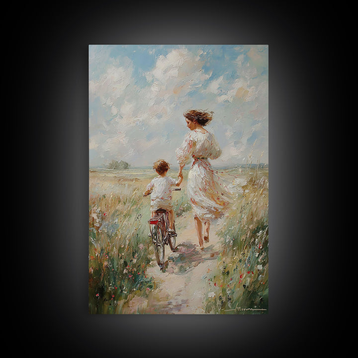 Mother In White Dress Walking With Child On Bicycle Canvas Print, Coastal Meadow Wall Art, Impressionist Family Home Decor
