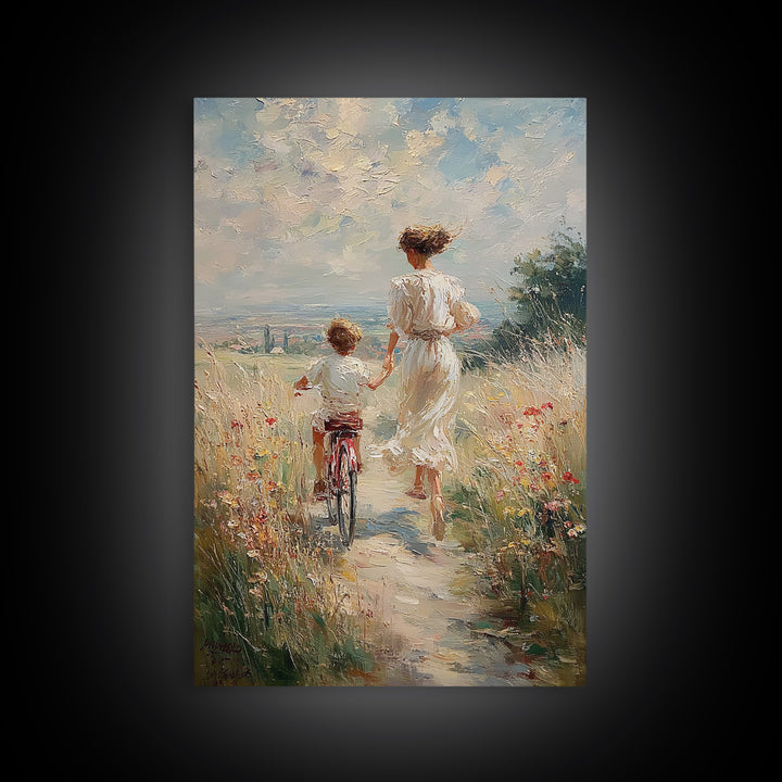 Windy Meadow Mother And Child Bike Ride Canvas Print, Coastal Landscape Wall Art, Wildflower Family Living Room Decor, Housewarming Gift