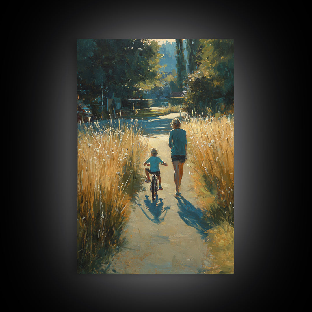 Backlit Mother And Child By Golden River Path Canvas Print, Nature Wall Art, Warm Rustic Living Room Decor, Gift For Her