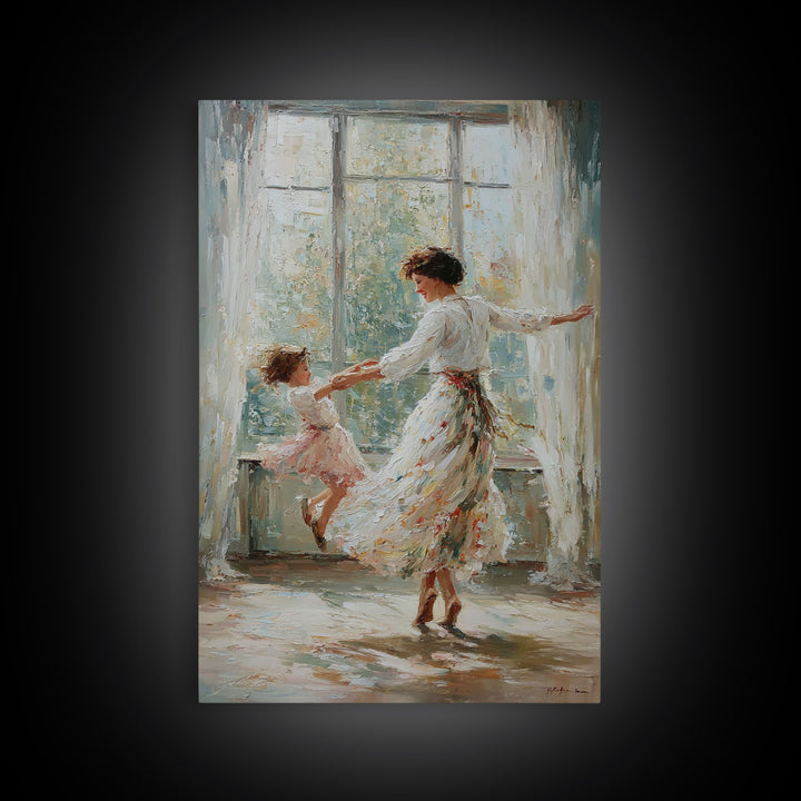 Mother And Daughter Dancing In Bright Sunlit Window Canvas Print, Impressionist Wall Art, Feminine Bedroom Decor, Gift For Mom