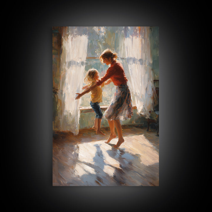 Sunlit Mother And Child Dancing By Lace Curtains Canvas Print, Impressionist Wall Art, Cozy Family Home Decor, Gift For Mom
