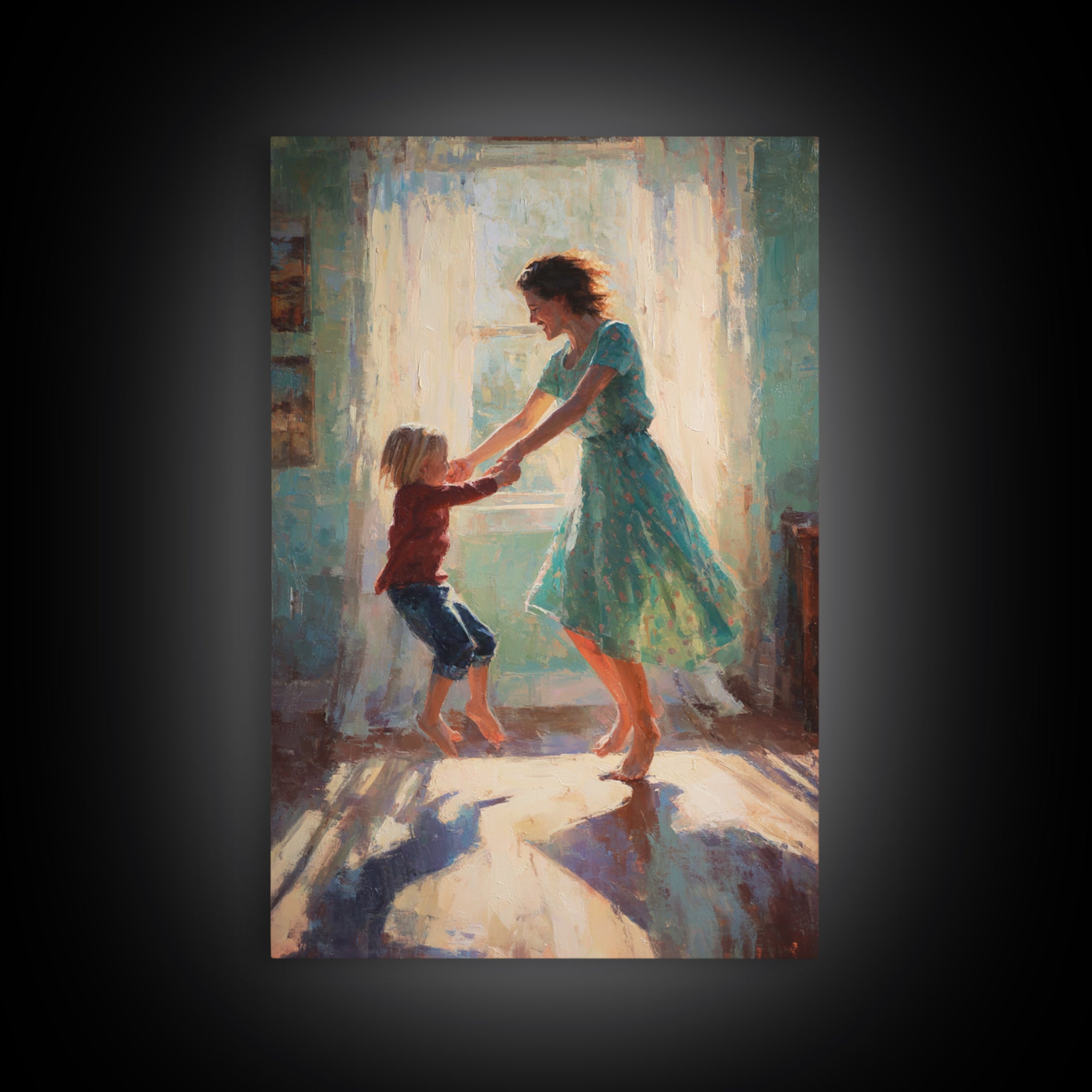 Mother And Child Dancing In Teal Dress Sunlight Canvas Print, Warm Impressionist Family Wall Art, Cozy Bedroom Decor, Gift For Her