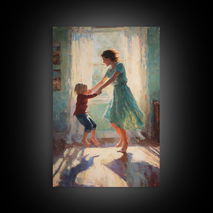 Mother And Child Dancing In Teal Dress Sunlight Canvas Print, Warm Impressionist Family Wall Art, Cozy Bedroom Decor, Gift For Her