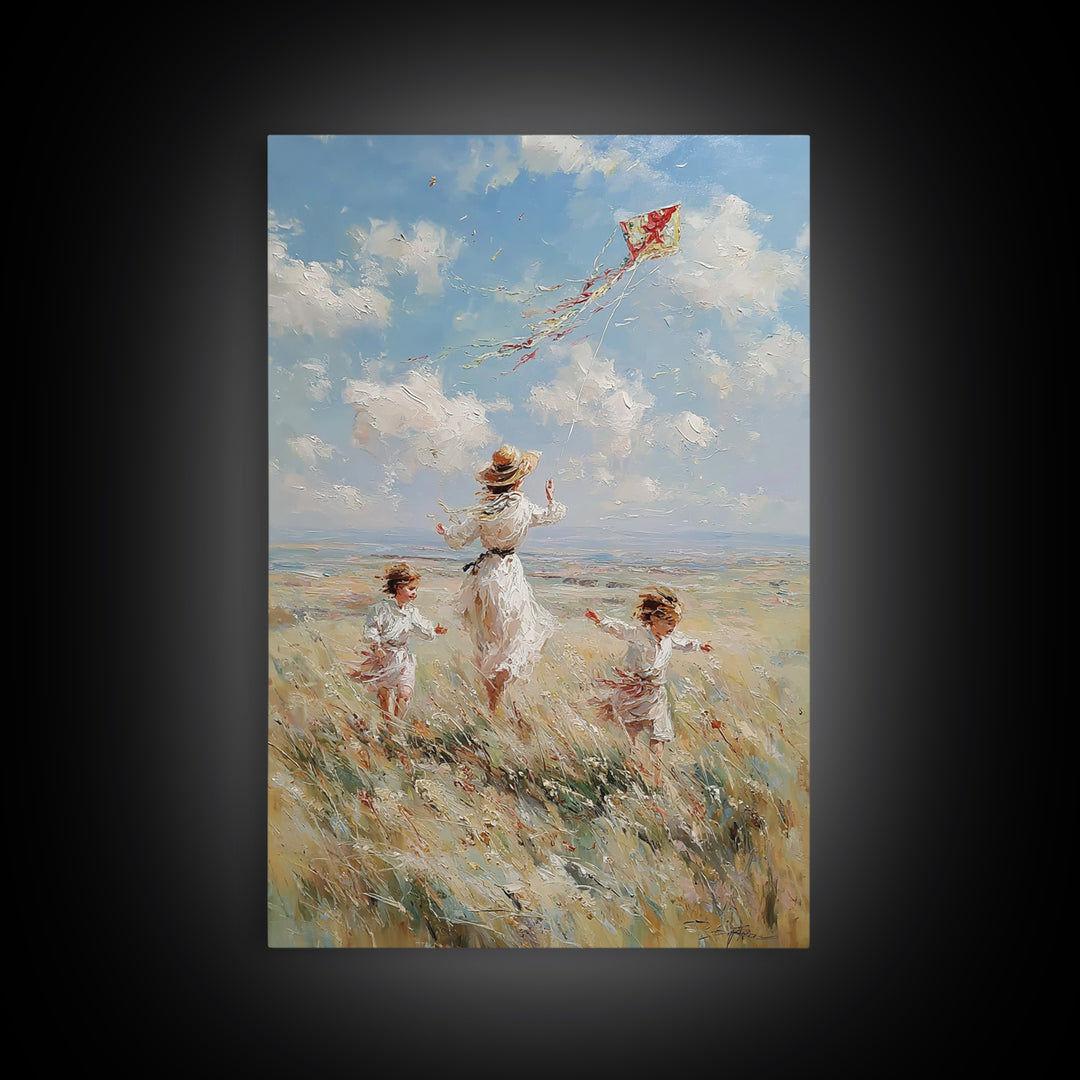 Mother And Children Flying Red Kite In Coastal Meadow Canvas Print, Whimsical Family Wall Art, Beach House Decor Gift For Her