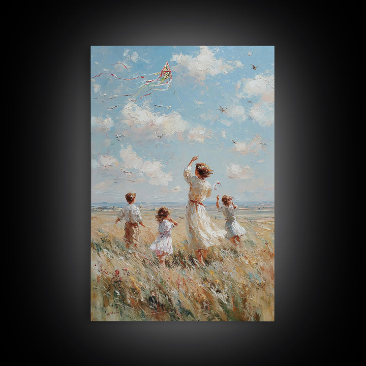 Mother And Children Flying Kite By Sea Canvas Print, Coastal Wall Art, Beach House Decor, Family Gift, Living Room Decor