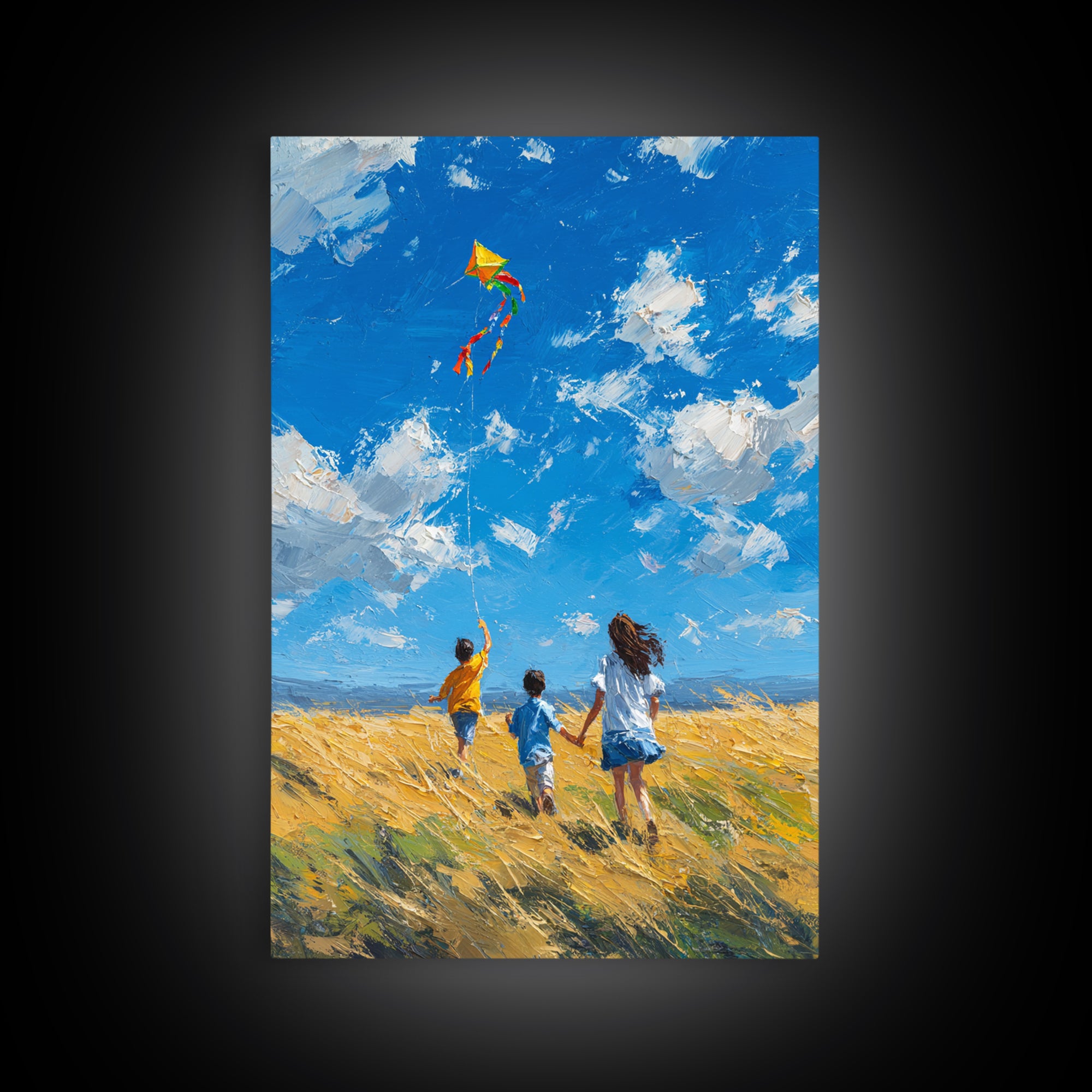 Children Chasing Bright Kite In Golden Field Framed Canvas Print, Colorful Wall Art, Summer Landscape, Kids Room Decor Gift