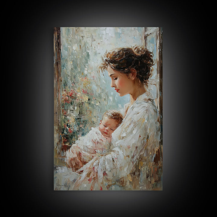 Mother Holding Sleeping Baby By Rainy Window Canvas Print, Feminine Wall Art, Nursery Decor, Gift For Mom, Bedroom Decor