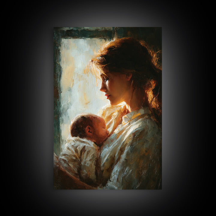 Backlit Mother Cradling Newborn By Window Framed Canvas Print, Romantic Wall Art, New Mom Gift, Moody Bedroom Decor Print