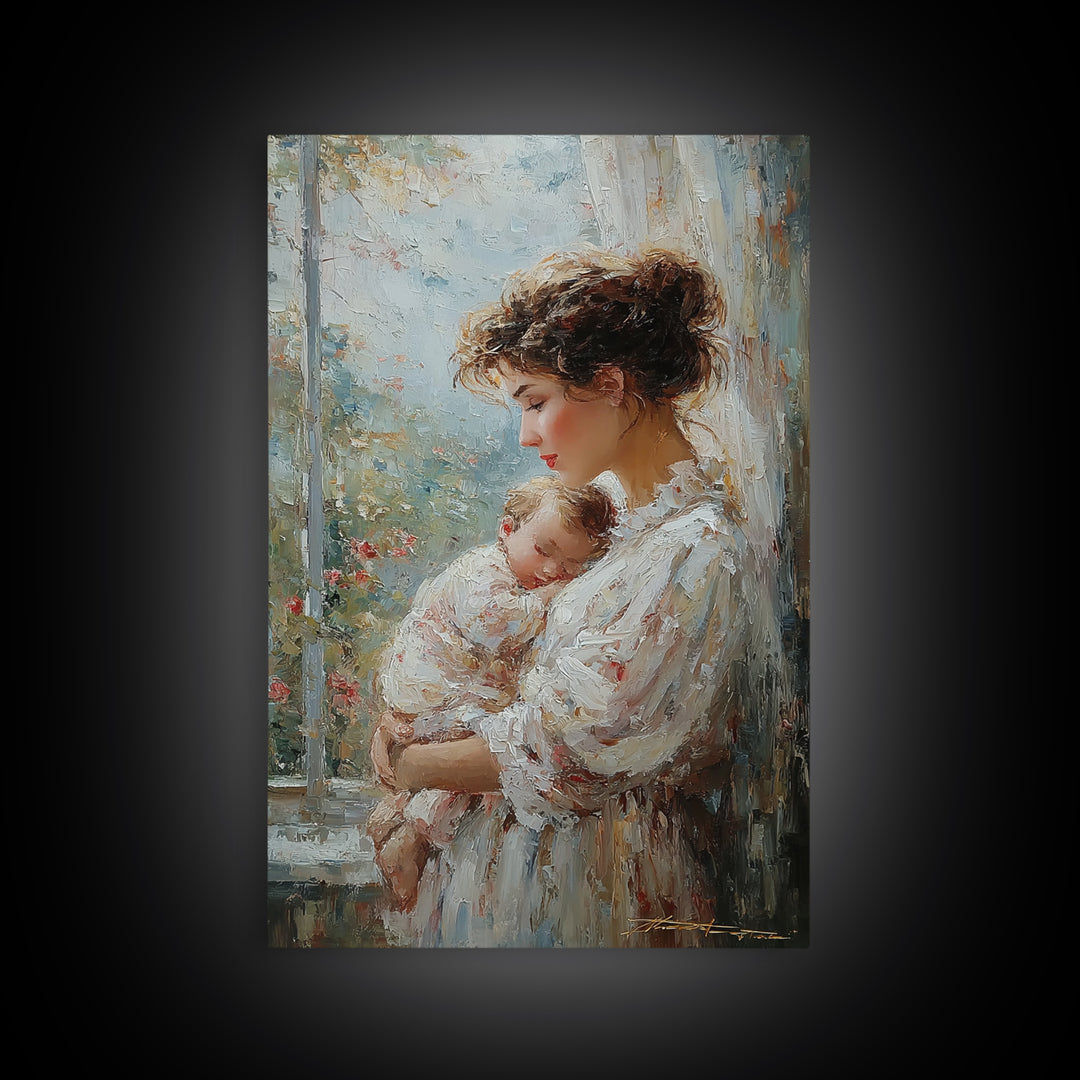 Mother With Sleeping Newborn In Soft Window Light Wall Art, Feminine Nursery Decor, New Mom Gift, Romantic Bedroom Decor