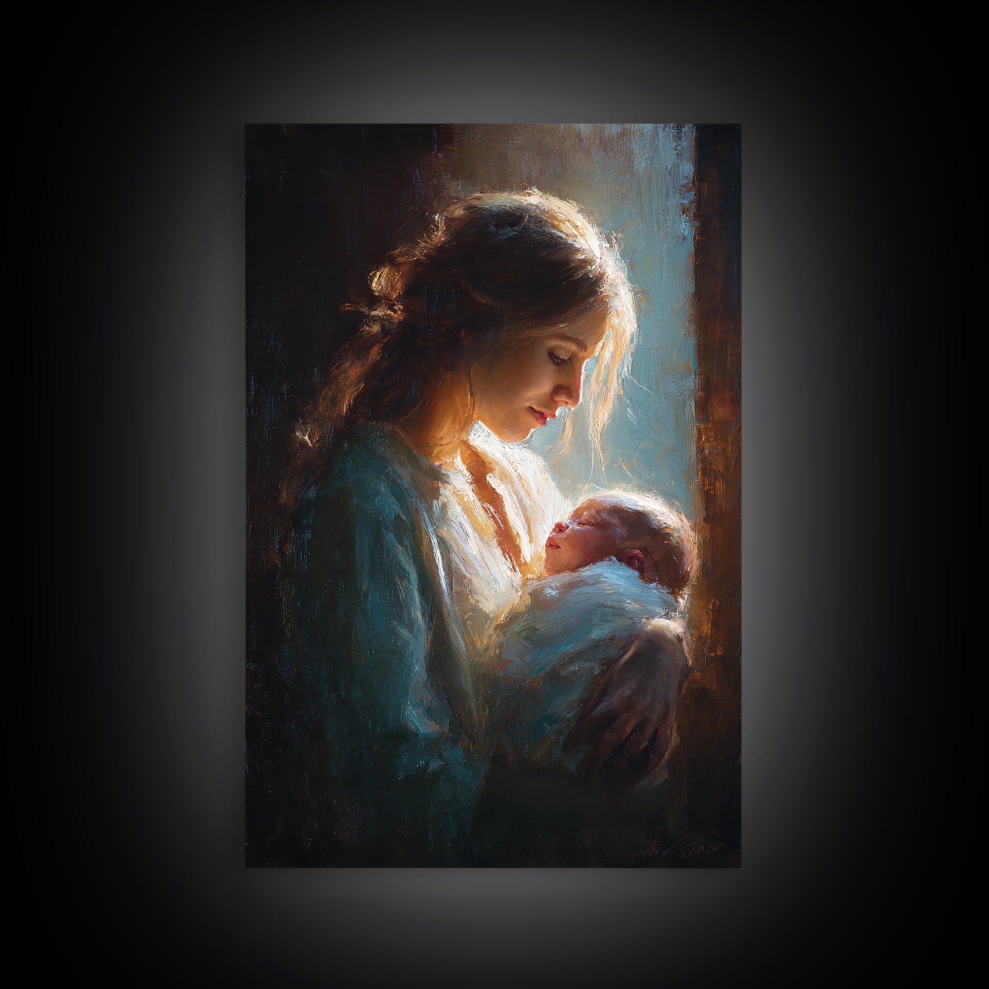 Radiant Mother Gazing At Newborn In Shadow Canvas Print, Moody Wall Art, Spiritual Gift, Nursery Decor, New Mom Gift Print