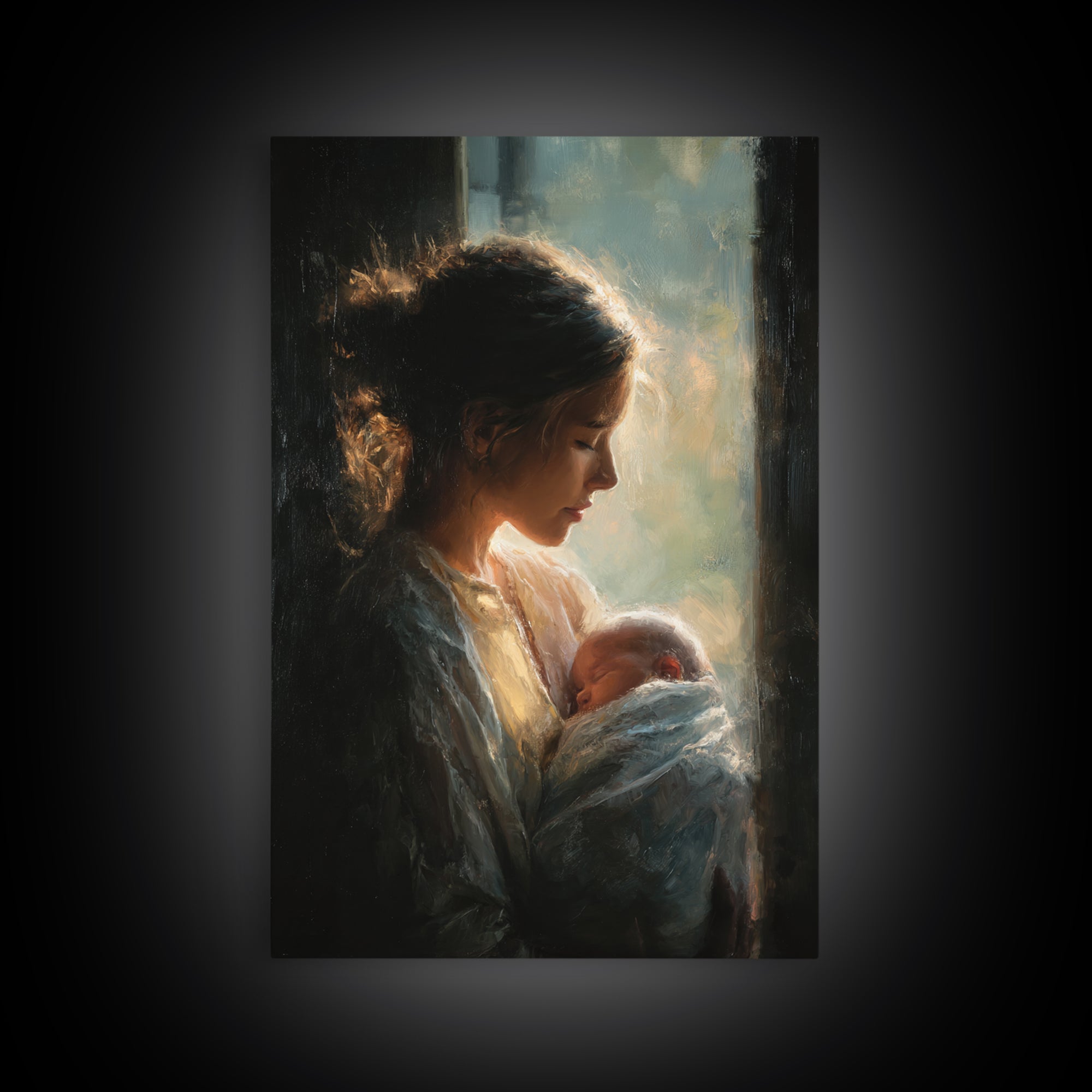 Soft Profile Mother With Sleeping Baby In Window Light Canvas Print, Moody Wall Art, New Mom Gift, Feminine Bedroom Decor