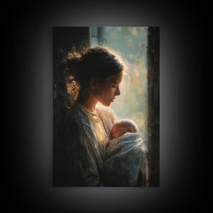 Soft Profile Mother With Sleeping Baby In Window Light Canvas Print, Moody Wall Art, New Mom Gift, Feminine Bedroom Decor