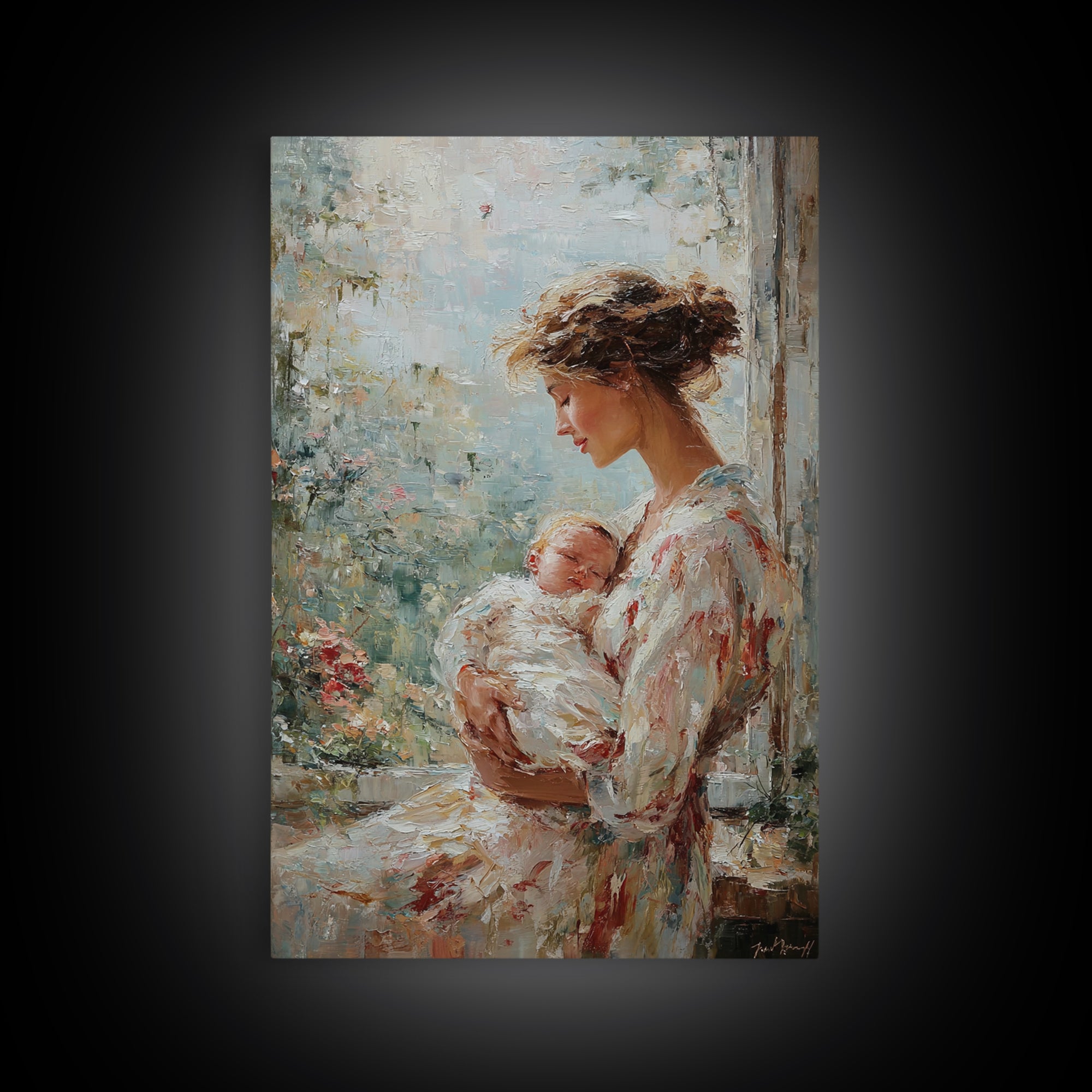 Mother Cradling Newborn Beside Blooming Window Framed Canvas Print, Feminine Wall Art, Nursery Decor, New Mom Gift, Bedroom Decor