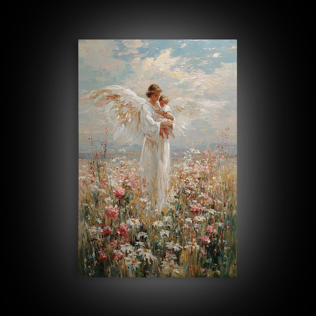 Guardian Angel Holding Baby In Wildflower Meadow Wall Art, Christian Nursery Decor, Motherhood Gift, Framed Fine Art Print