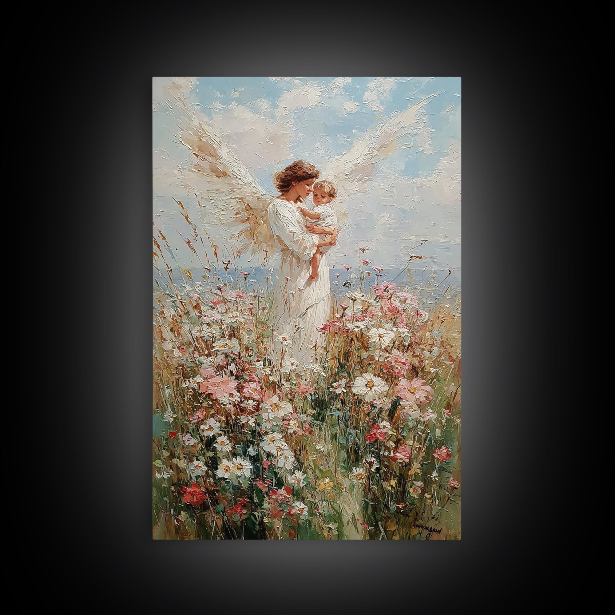 Angel Mother Holding Toddler Among Daisies Canvas Print, Christian Wall Art, Floral Nursery Decor, Gift For Mom, Home Decor