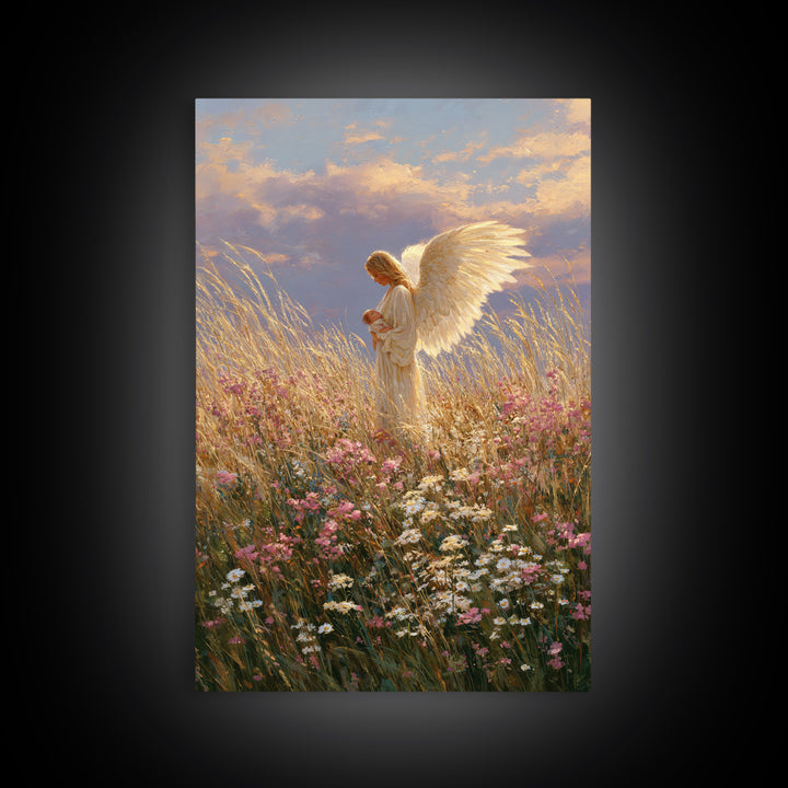 Golden Winged Angel With Infant At Sunset Wall Art, Christian Bedroom Decor, Floral Canvas Print, Spiritual Gift For Her