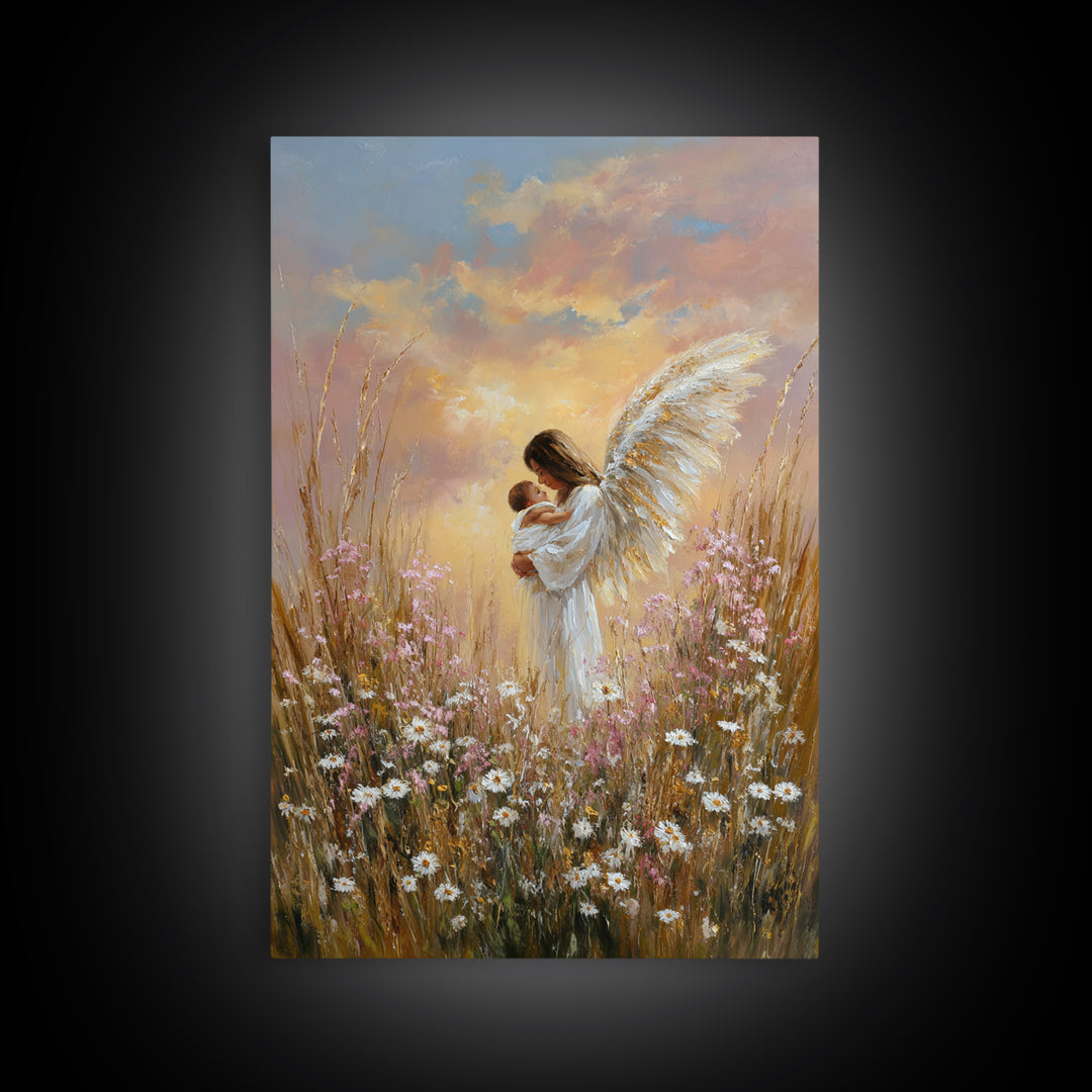 Angel Mother And Baby In Sunset Wildflowers Framed Canvas Print, Christian Wall Art, Nursery Decor, Motherhood Gift, Home Decor