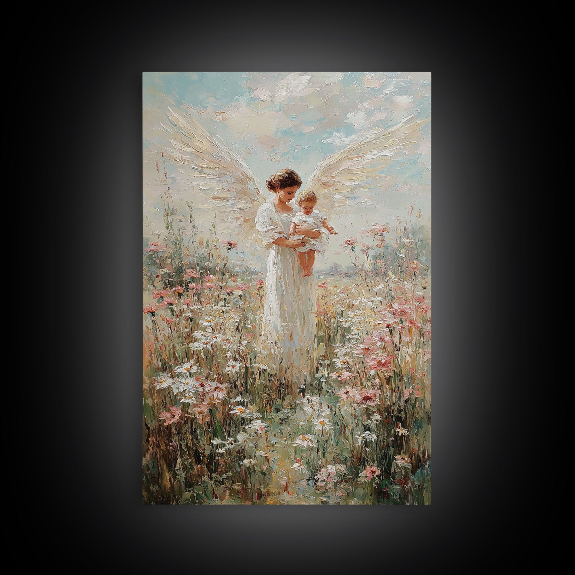 White Winged Angel Holding Baby In Flower Garden Canvas Print, Christian Nursery Wall Art, Floral Home Decor, Gift For Mom