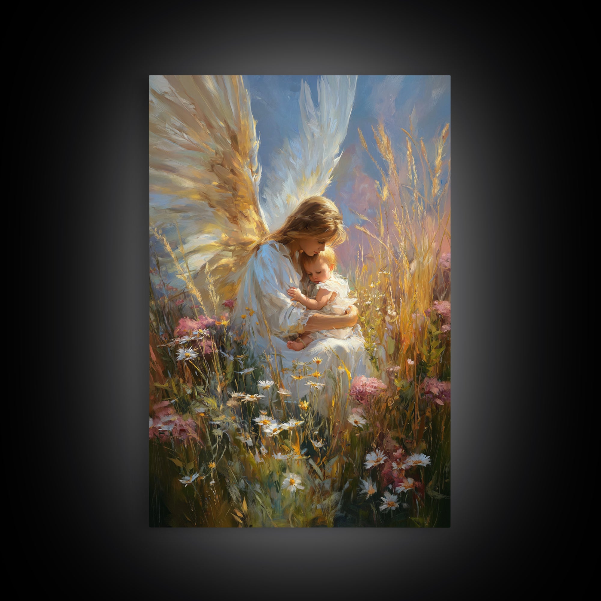 Glowing Angel Mother Nursing Baby In Wild Meadow Wall Art, Christian Canvas Print, Spiritual Nursery Decor, Gift For Her