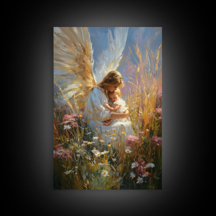 Glowing Angel Mother Nursing Baby In Wild Meadow Wall Art, Christian Canvas Print, Spiritual Nursery Decor, Gift For Her