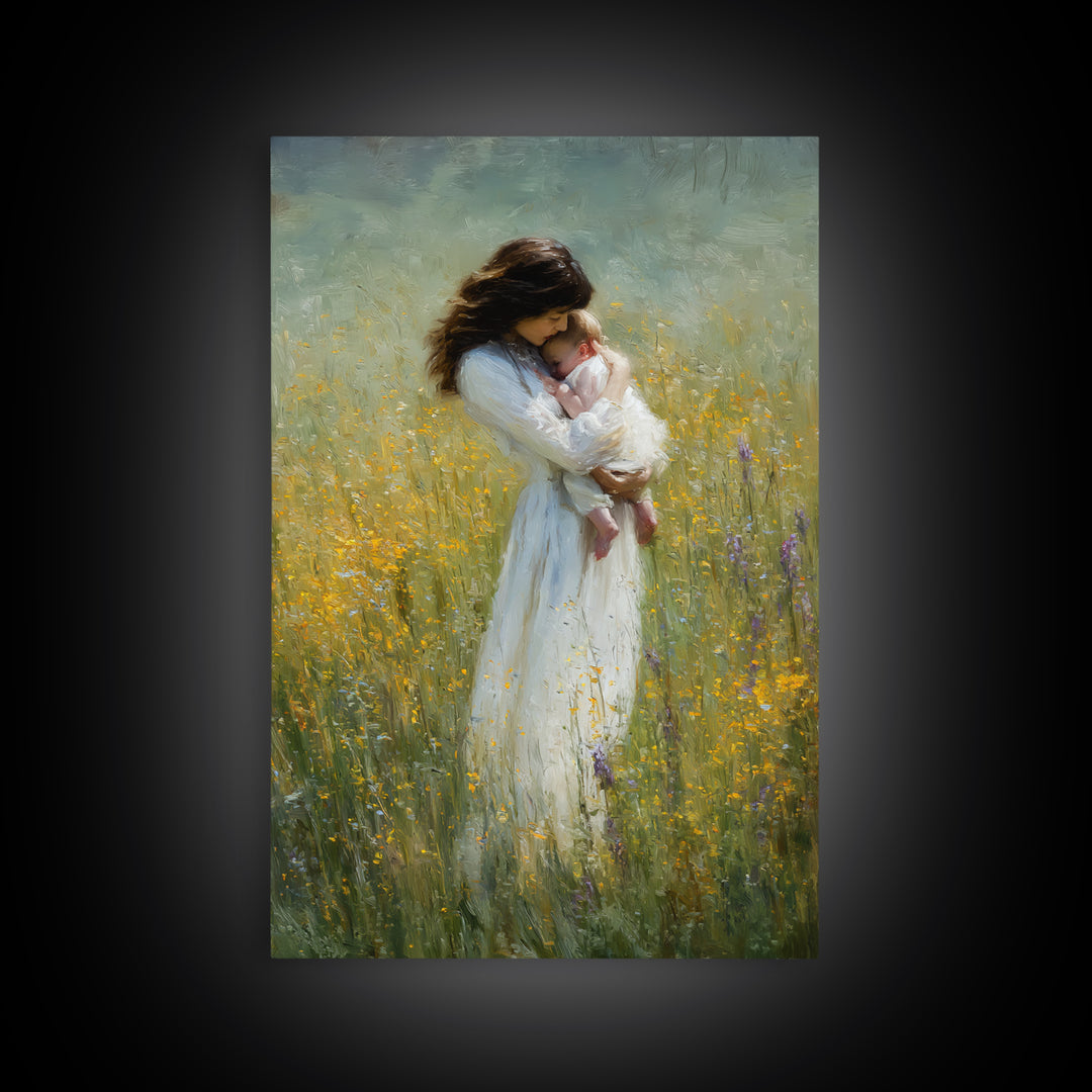 Tender Mother Cradling Newborn In Yellow Meadow Canvas Print, Motherhood Wall Art, Feminine Nursery Wall Decor, Gift For Mom