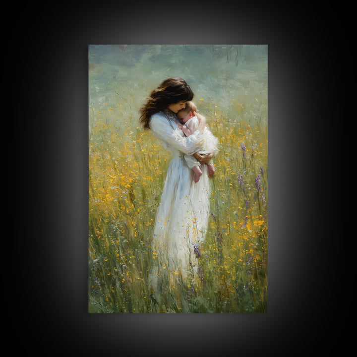 Tender Mother Cradling Newborn In Yellow Meadow Canvas Print, Motherhood Wall Art, Feminine Nursery Wall Decor, Gift For Mom