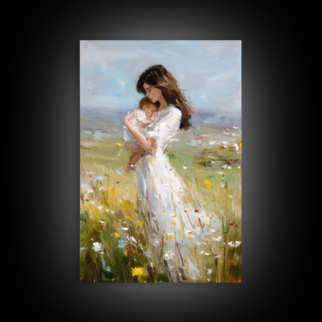 Mother Holding Sleeping Baby In Breezy Meadow Wall Art, Motherhood Canvas Print, Neutral Nursery Decor, Gift For Mom, Home Decor