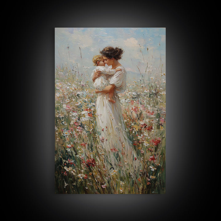Mother Kissing Child In Wildflower Field Framed Canvas Print, Motherhood Wall Art, Floral Nursery Decor, Gift For Her, Home Decor