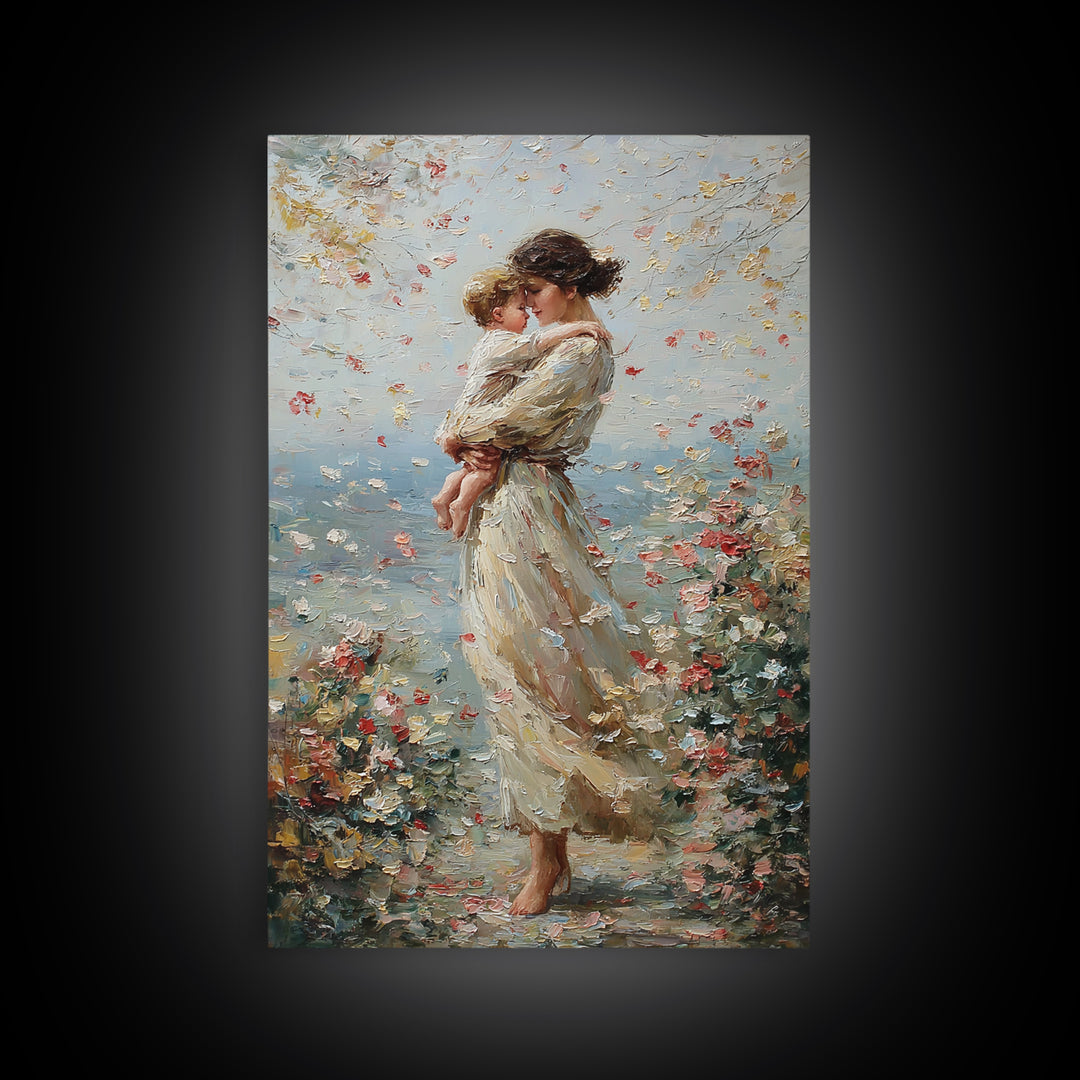 Mother Holding Child By Floral Shore Framed Canvas Print, Impressionist Wall Decor, Living Room Art, Gift For Mom, Housewarming Gift