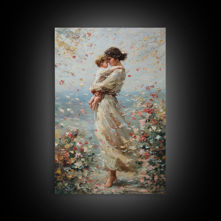 Mother Holding Child By Floral Shore Framed Canvas Print, Impressionist Wall Decor, Living Room Art, Gift For Mom, Housewarming Gift