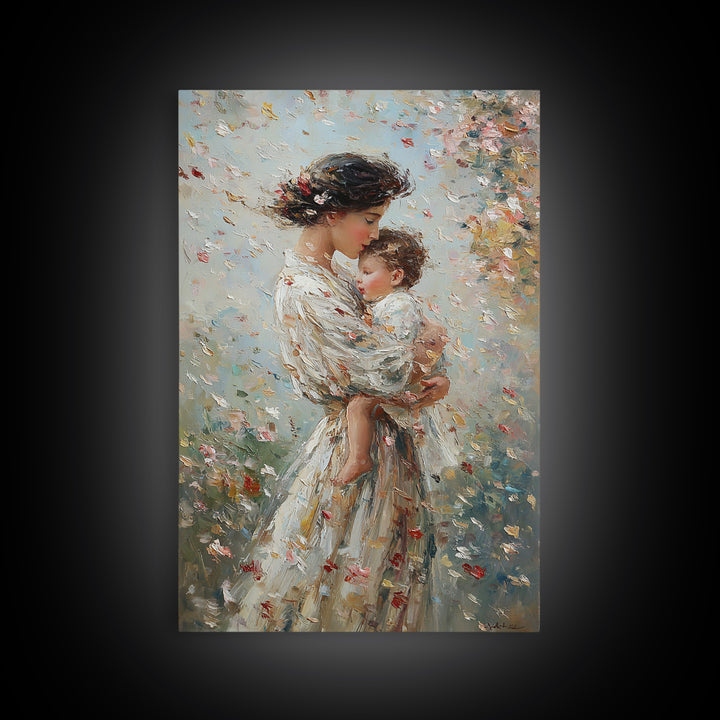 Mother Cradling Baby In Blossom Garden Wall Art, Romantic Impressionist Oil Painting, Feminine Bedroom Decor Gift For Her