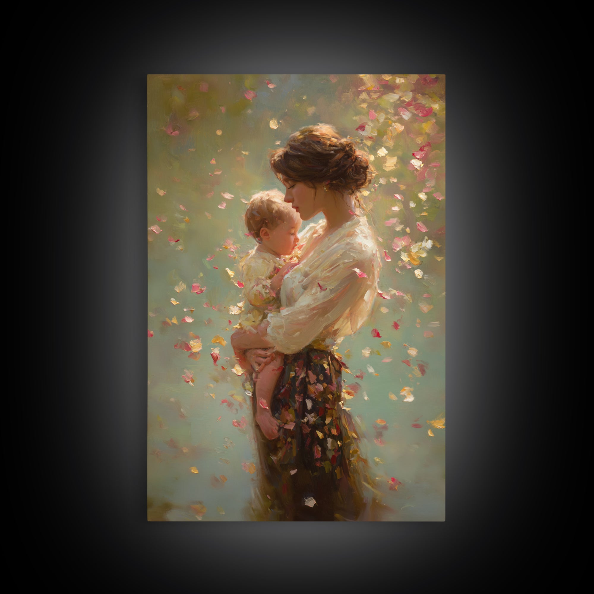 Warm Sunlit Mother And Baby Framed Canvas Print, Floral Impressionist Painting, Soft Feminine Wall Decor, Gift For Mom, Nursery Art