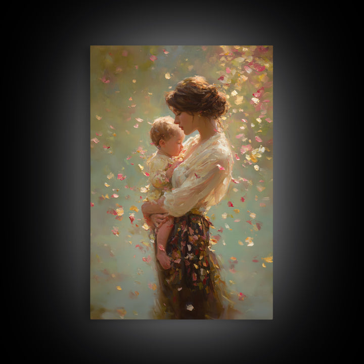 Warm Sunlit Mother And Baby Framed Canvas Print, Floral Impressionist Painting, Soft Feminine Wall Decor, Gift For Mom, Nursery Art