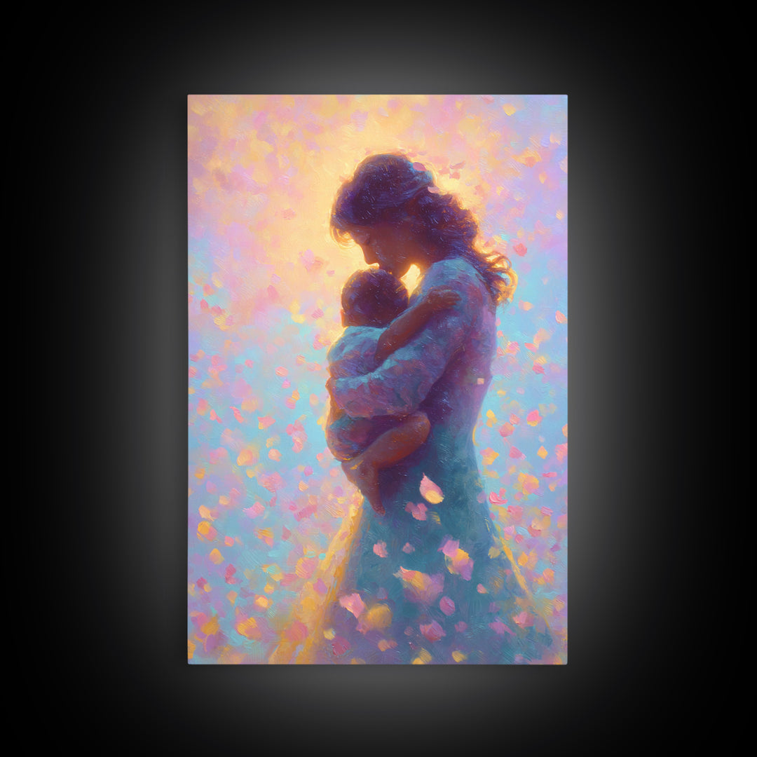 Glowing Mother And Infant Silhouette Canvas Print, Pastel Celestial Floral Petals, Dreamy Nursery Wall Art, Gift For Mom