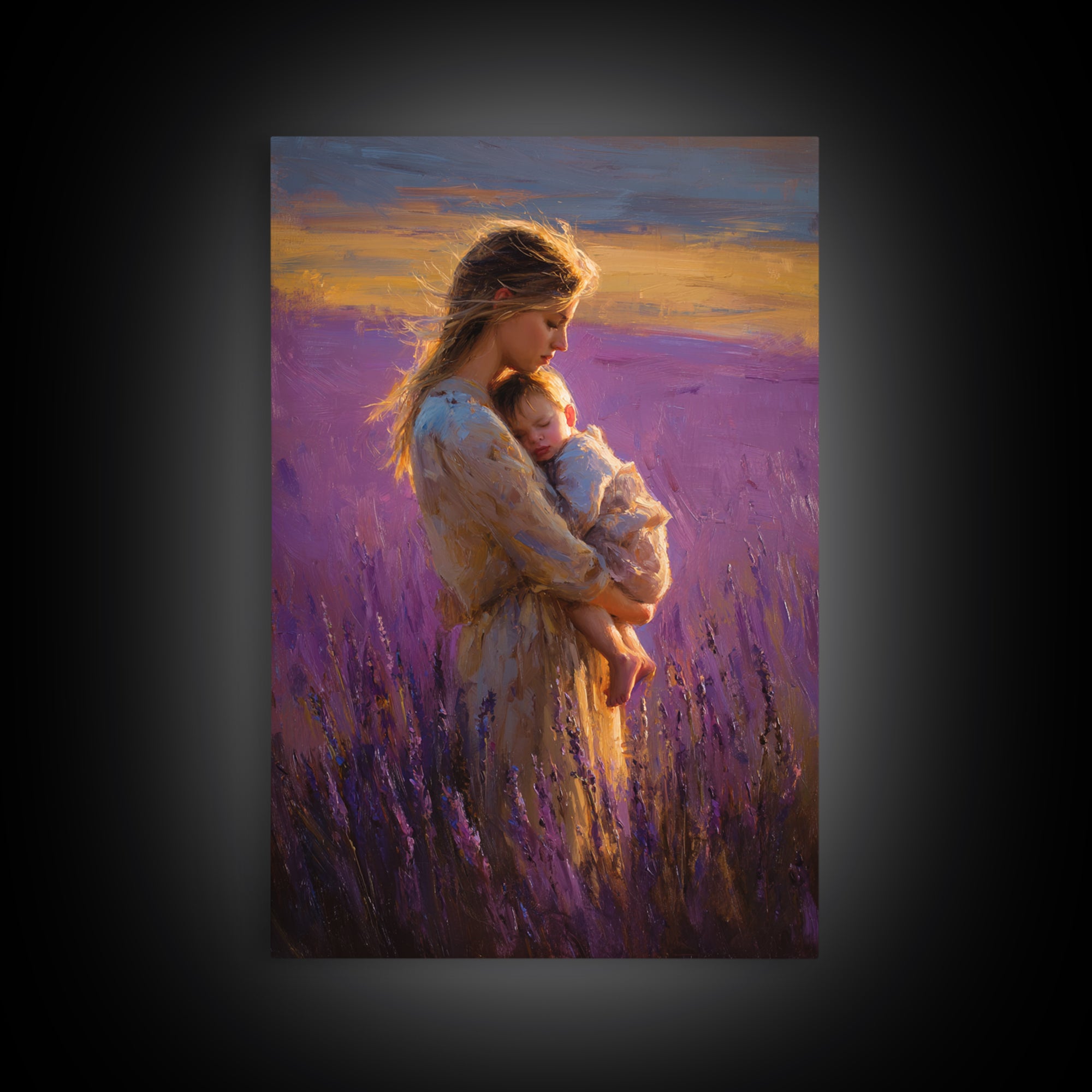 Mother And Sleeping Baby In Lavender Field Wall Art, Sunset Impressionist Oil Painting, Romantic Bedroom Decor, Gift For Mom