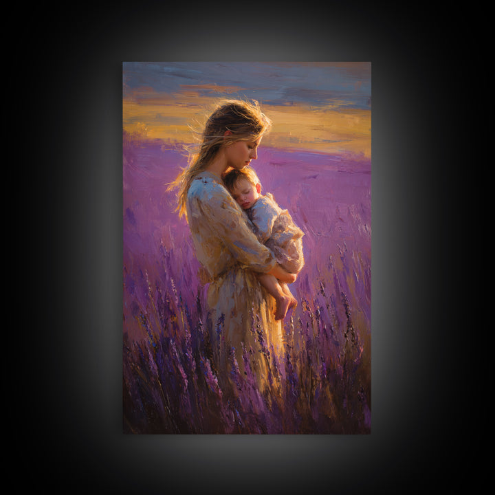 Mother And Sleeping Baby In Lavender Field Wall Art, Sunset Impressionist Oil Painting, Romantic Bedroom Decor, Gift For Mom