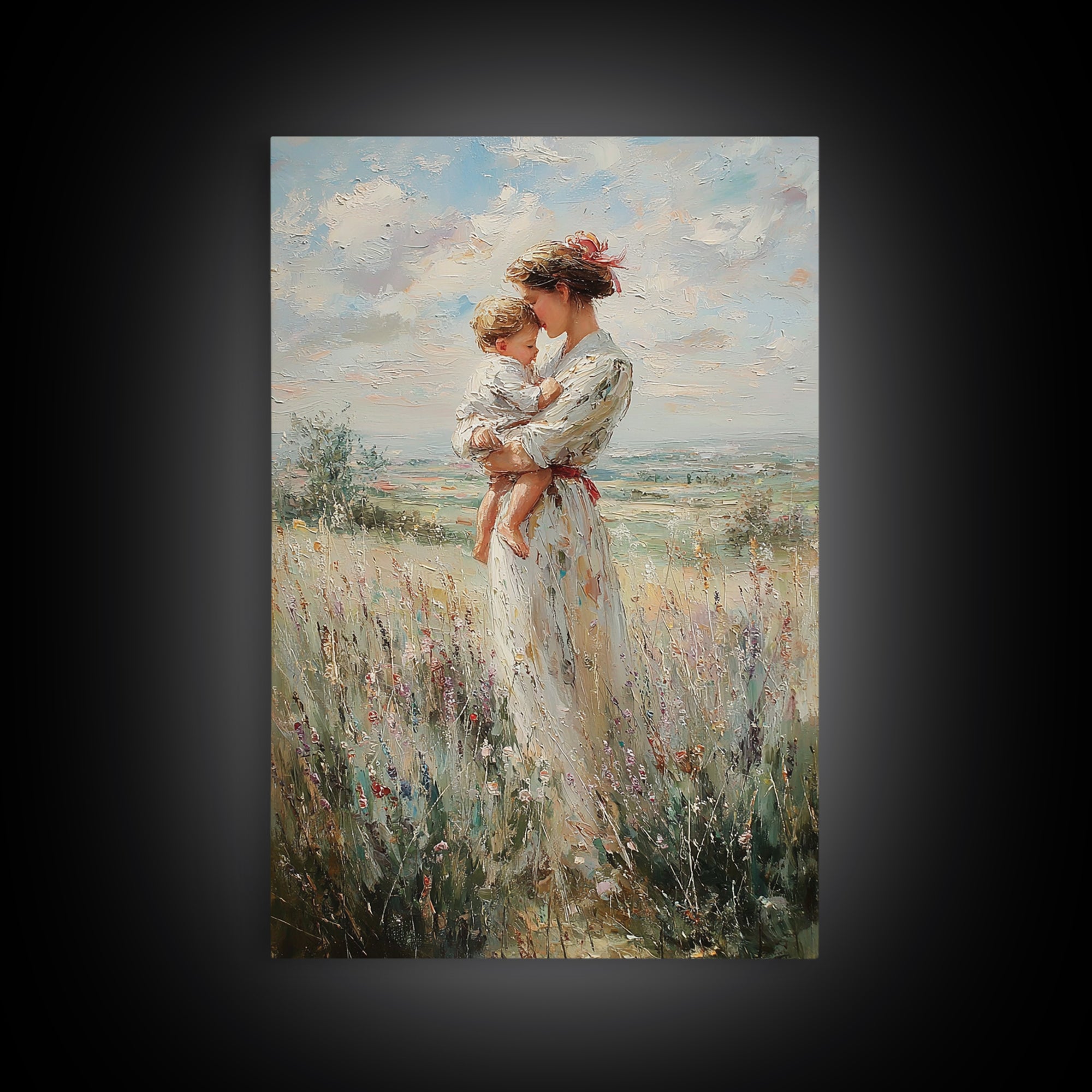 Mother Holding Child In Windy Wildflower Meadow Framed Canvas Print, Impressionist Landscape Wall Decor, Gift For Mom, Home Decor