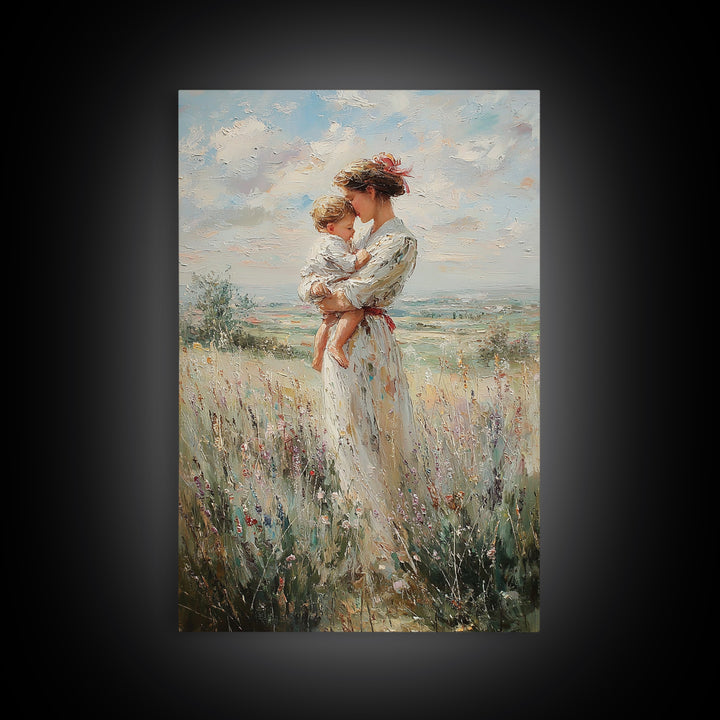 Mother Holding Child In Windy Wildflower Meadow Framed Canvas Print, Impressionist Landscape Wall Decor, Gift For Mom, Home Decor