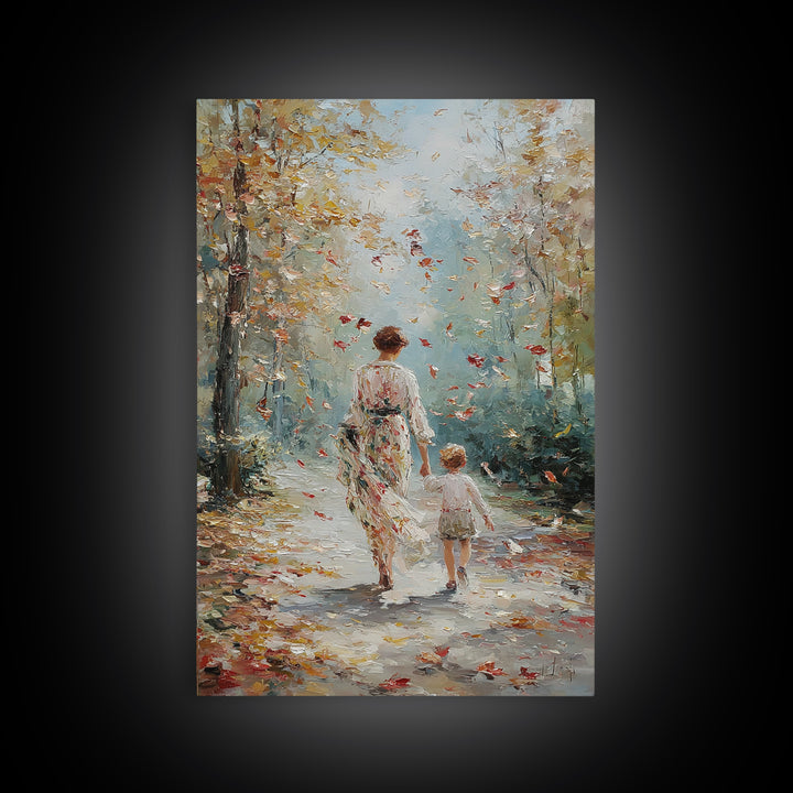 Mother And Child Autumn Walk Wall Art, Impressionist Forest Path Canvas, Cozy Family Decor, Gift For Mom, Living Room Art