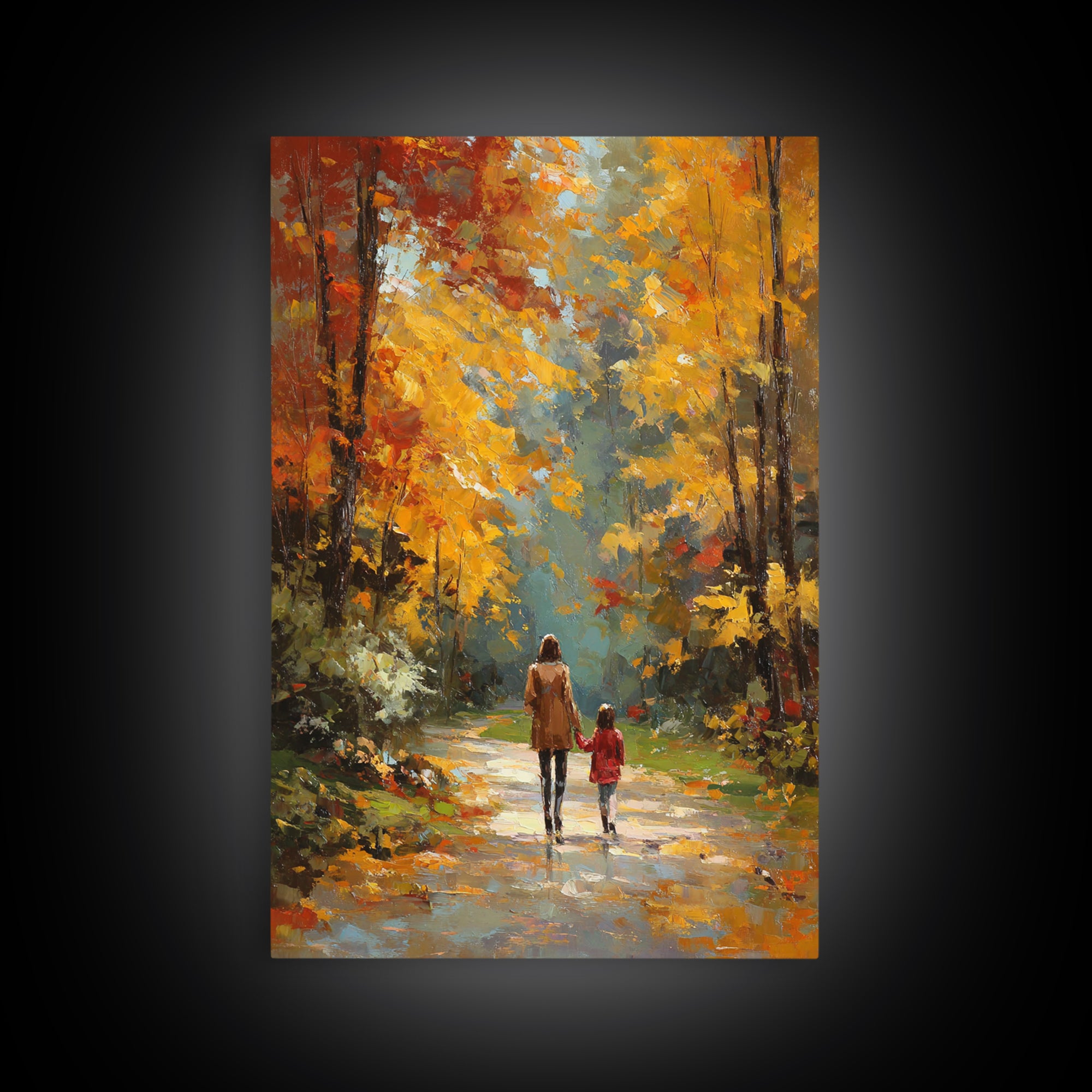 Golden Autumn Forest Walk Canvas Print, Mother Child Path Painting, Vibrant Landscape Wall Decor, Cozy Home Decor, Gift For Her