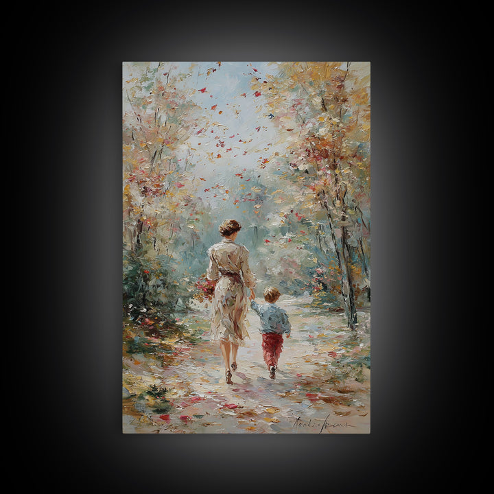 Mother And Son Fall Forest Walk Wall Art, Soft Impressionist Path Painting, Family Home Decor, Living Room Art, Mothers Day Gift