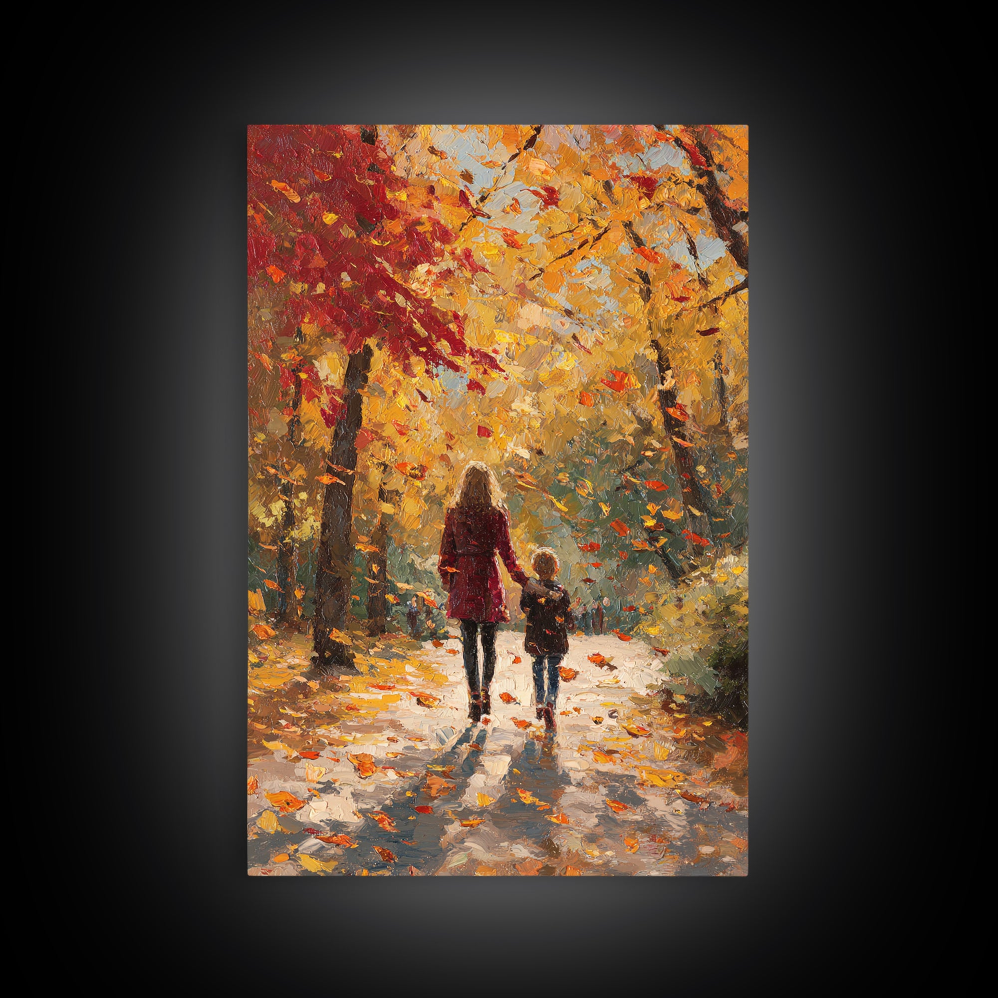 Mother And Child Golden Fall Walk Canvas Print, Red Coat Autumn Trees Painting, Warm Family Decor, Rustic Wall Art, Gift For Mom
