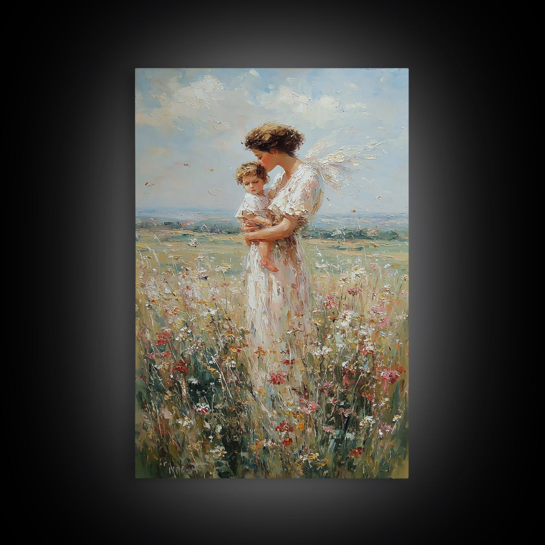 Guardian Angel Holding Child Wall Art, Wildflower Meadow Oil Painting, Christian Nursery Decor, Spiritual Gift For Mom, Fine Art