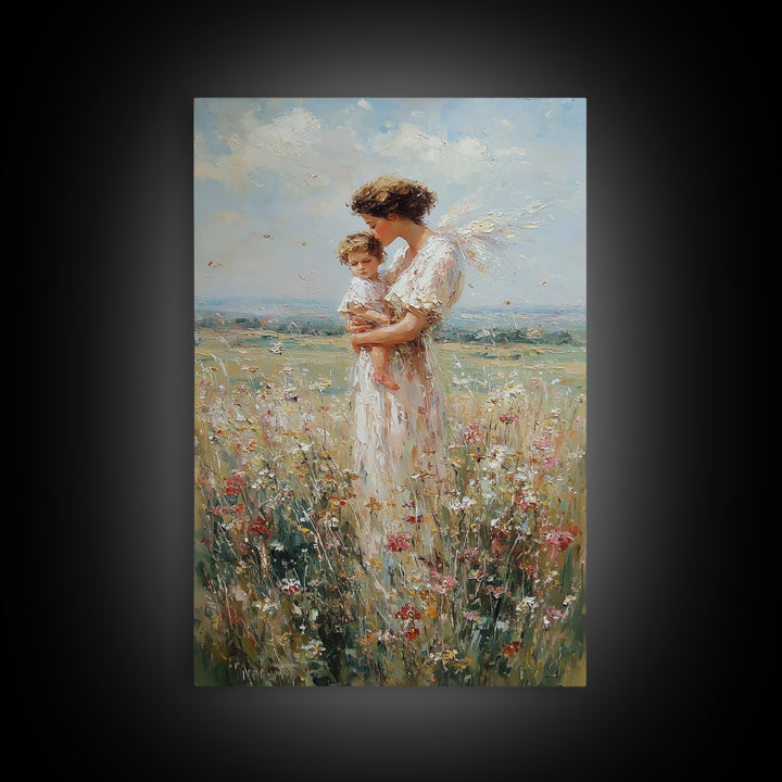 Guardian Angel Holding Child Wall Art, Wildflower Meadow Oil Painting, Christian Nursery Decor, Spiritual Gift For Mom, Fine Art
