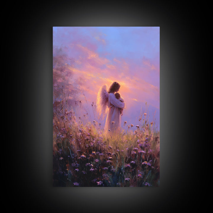 Angel Mother Cradling Baby Framed Canvas Print, Lavender Sunset Meadow Painting, Spiritual Wall Art, Nursery Decor, New Mom Gift