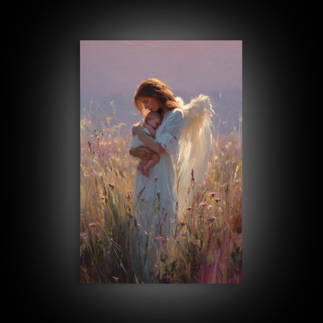 Angel Mother With Newborn Canvas Print, Golden Wildflower Meadow Painting, Guardian Angel Wall Art, Baby Nursery Decor, Gift For Mom