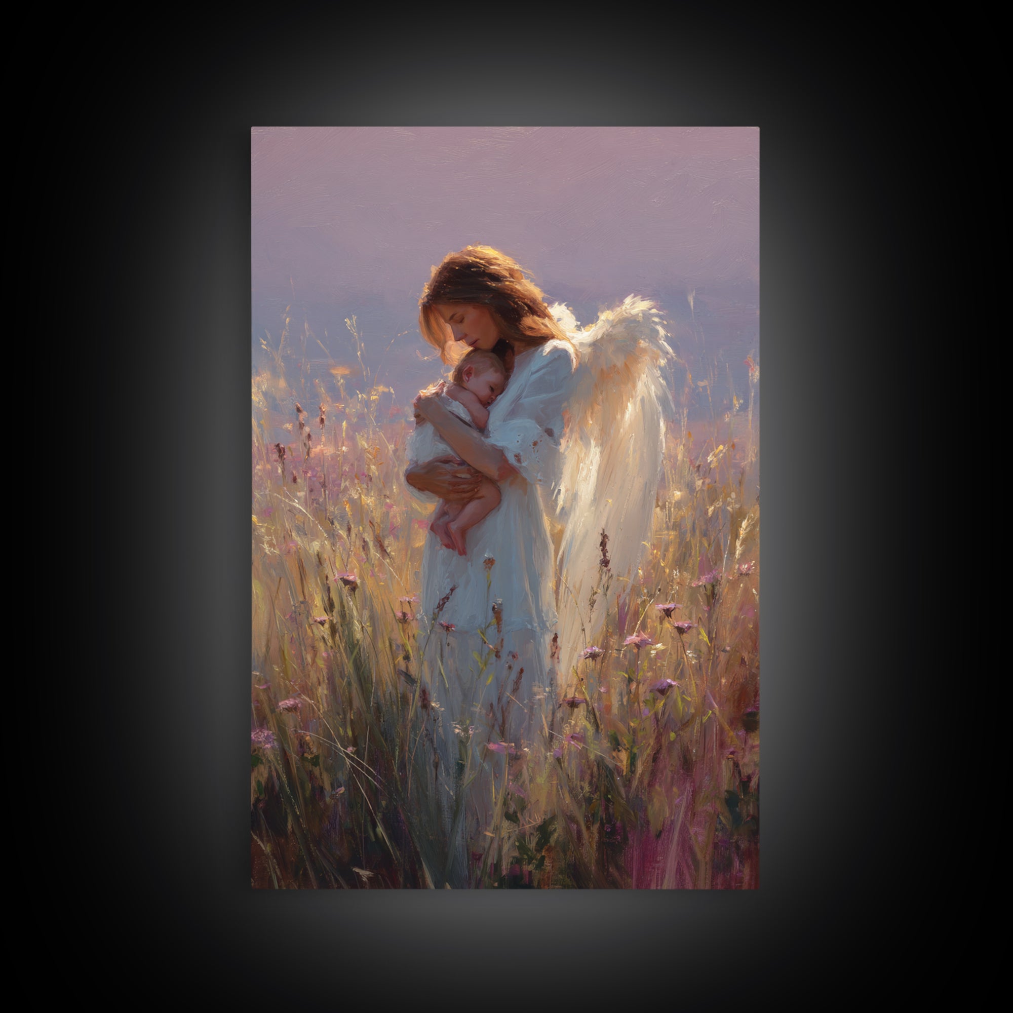 Angel Mother With Newborn Canvas Print, Golden Wildflower Meadow Painting, Guardian Angel Wall Art, Baby Nursery Decor, Gift For Mom