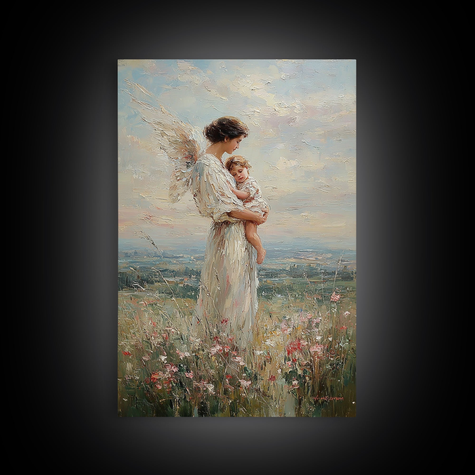 Guardian Angel Mother Holding Baby In Wildflower Meadow Wall Art, Christian Nursery Decor, Motherhood Gift, Fine Art Print