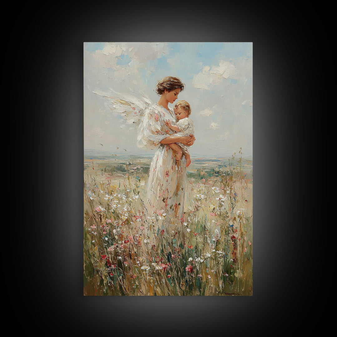 Serene Angel Mother Cradling Baby In Flower Field Framed Canvas Print, Christian Wall Art, Nursery Decor, Gift For Her And Mom