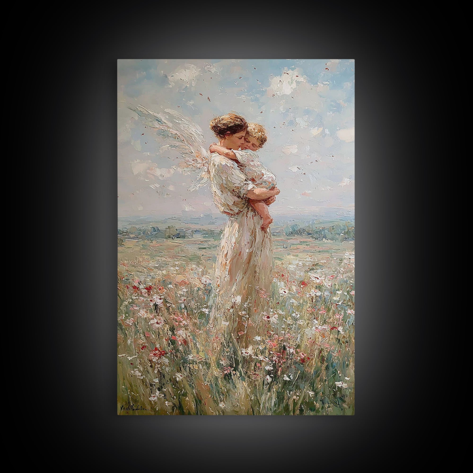 Protective Angel Mother And Child In Windy Meadow Canvas Print, Christian Wall Art, Nursery Art, Motherhood Gift For Her